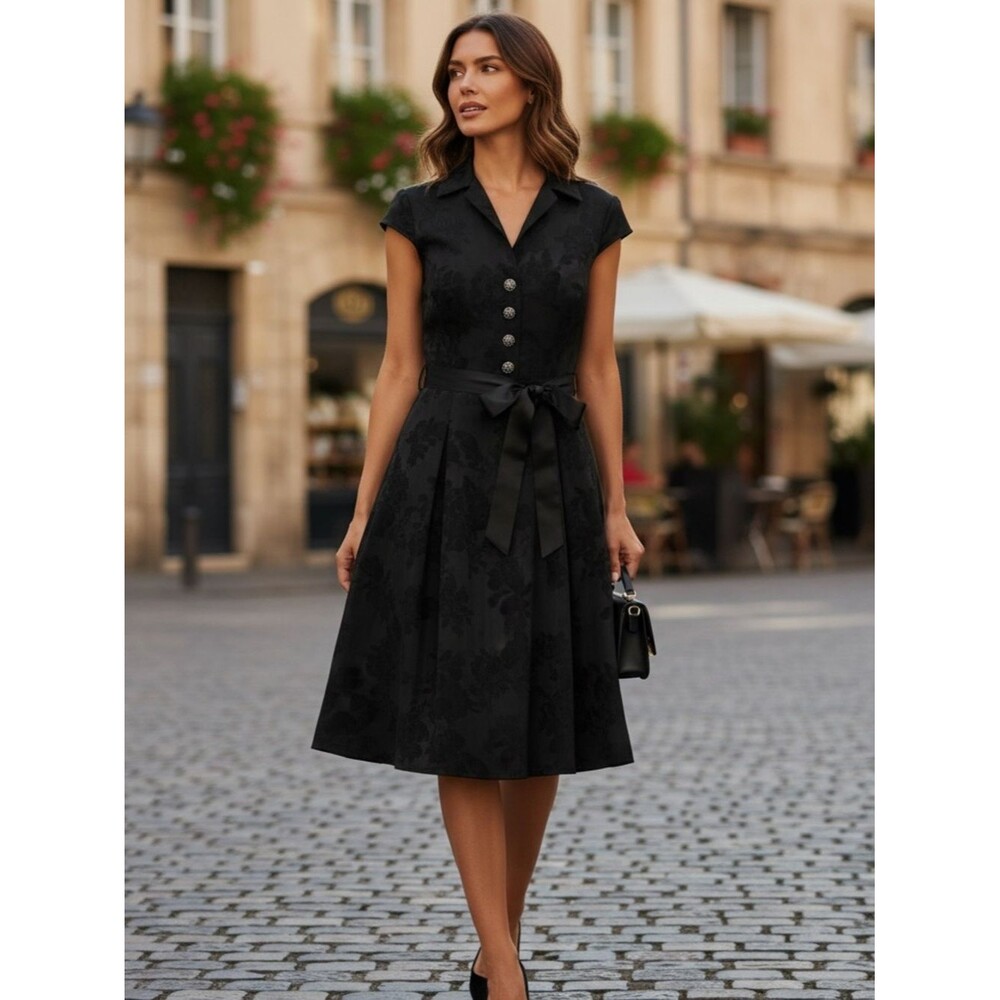 Adrianna Papell Black Midi Shirt Dress with Ribbon Waist